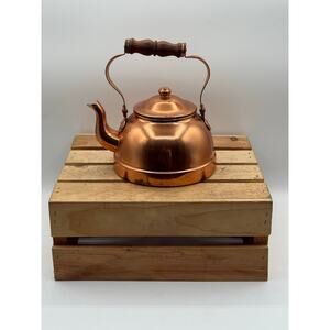 Vintage Solid Copper Tea Kettle with Turned Wood Grip Handle - 8.5” Tall